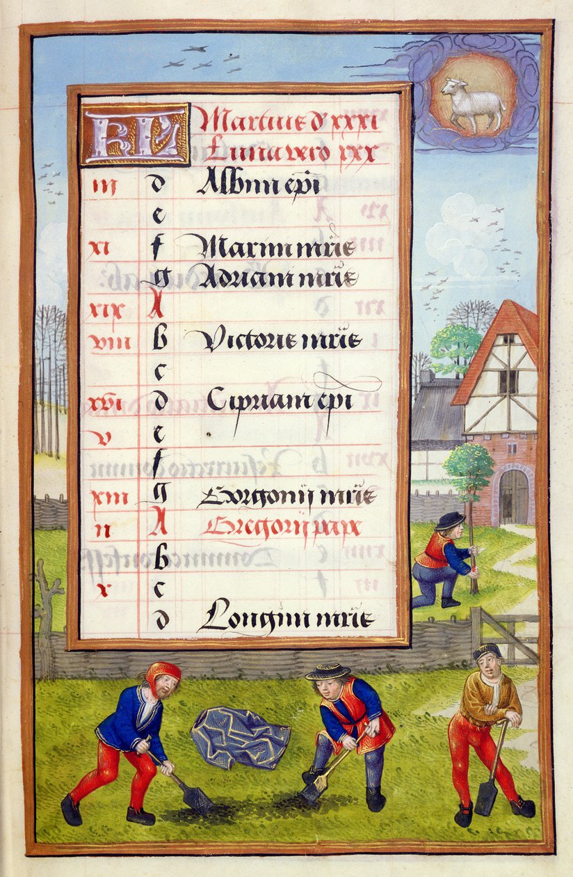 Ms 1058-1975 f3r Kazma ve Ağaç Dikme, Saatler Kitabından Mart ayı için ışıklı takvim sayfası, c.1500 by Flemish School