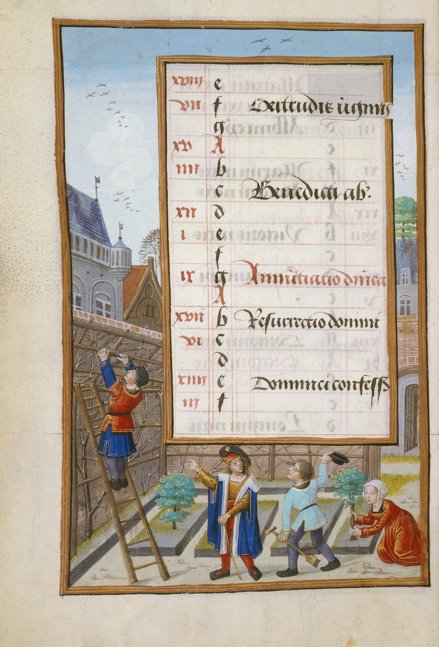 Ms 1058-1975 f3v Sahibi Bahçıvanlarına Emir Veriyor, Mart ayı için ışıklı takvim sayfası, Saatler Kitabından, c.1500 by Flemish School