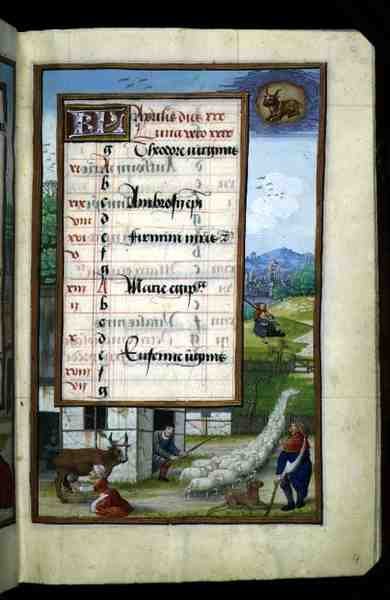 Ms 1058-1975 f4r Farmyard Scene, bir Saatler Kitabından Nisan ayı için ışıklı takvim sayfası, c.1500 (parşömen) by Flemish School