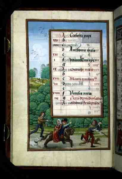 Ms 1058-1975 f4v Bir Usta ve Hanımı Avla Yolculuk, Nisan ayı için bir Saatler Kitabından ışıklı takvim sayfası, c.1500 (parşömen) by Flemish School