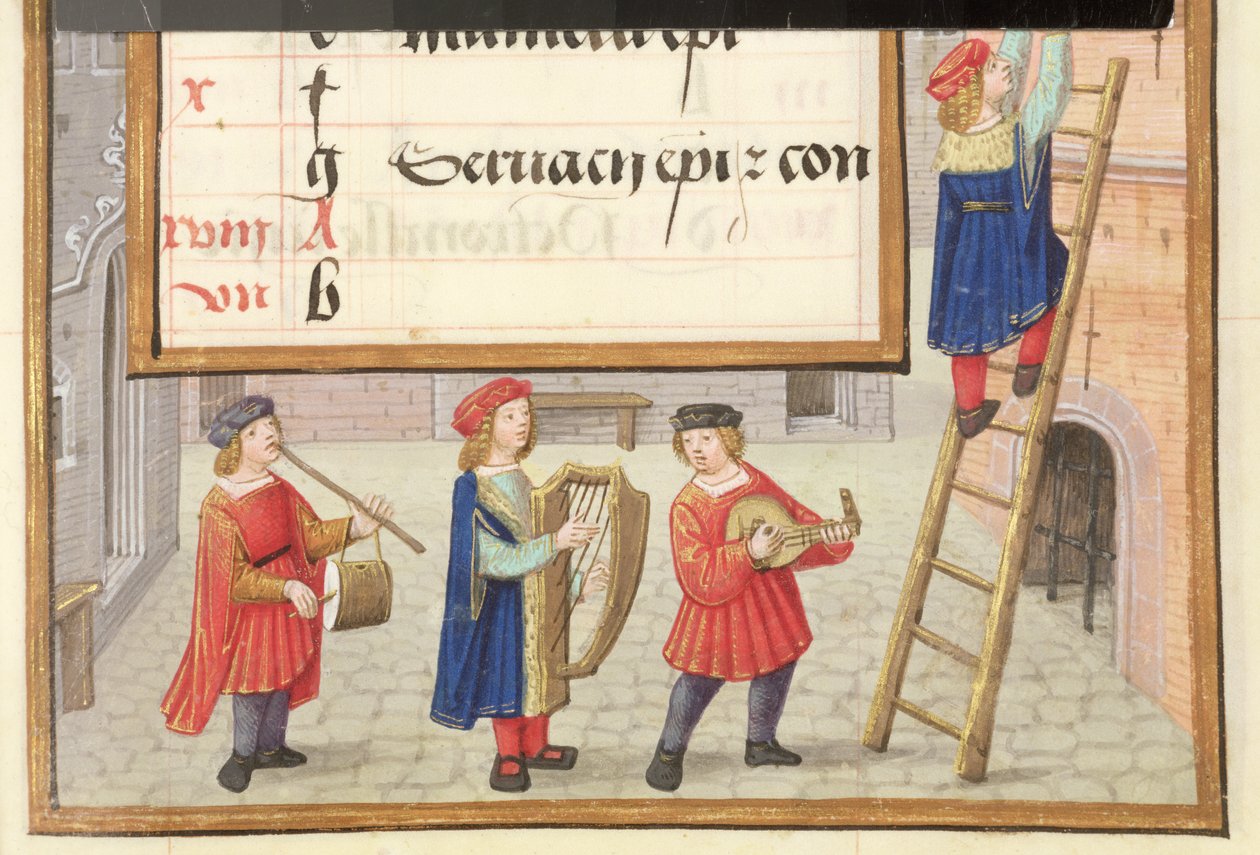 Ms 1058-1975 f.5r Arnavut kaldırımlı bir sokakta Müzisyenler, Mayıs ayı için ışıklı takvim sayfasından detay, 