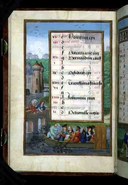Ms 1058-1975 f5v Nehirde Bir Tekne Partisi, bir Saatler Kitabından Mayıs ayı için ışıklı takvim sayfası, c.1500 (parşömen) by Flemish School