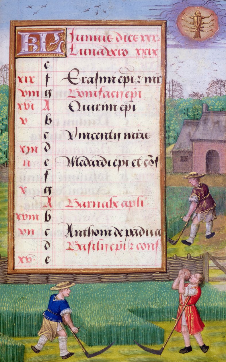Ms 1058-1975 f6r Çim Biçme, bir Saatler Kitabından Haziran ayı için ışıklı takvim sayfası, c.1500 (parşömen) by Flemish School