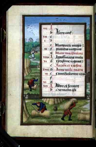 Ms 1058-1975 f7v Ciltleme ve Taşıma Kasnakları, Temmuz ayı için ışıklı takvim sayfası, Saatler Kitabından, c.1500 (parşömen) by Flemish School
