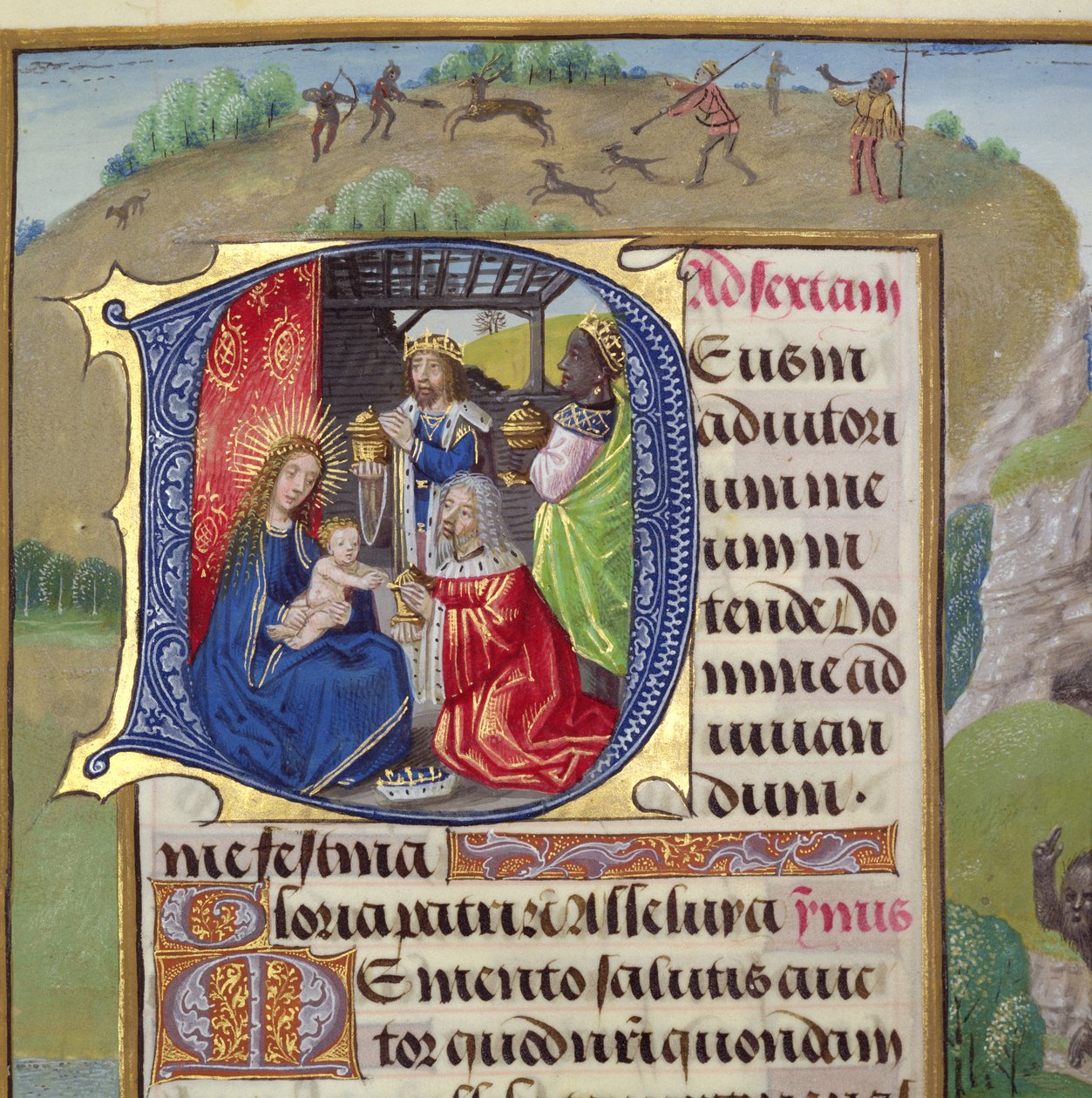 Ms 1058-1975 f.82r Bir Saatler Kitabından Kralların Hayranlığını betimleyen, tarihlendirilmiş ilk `D, muhtemelen Bruges, c.1500-05 by Flemish School
