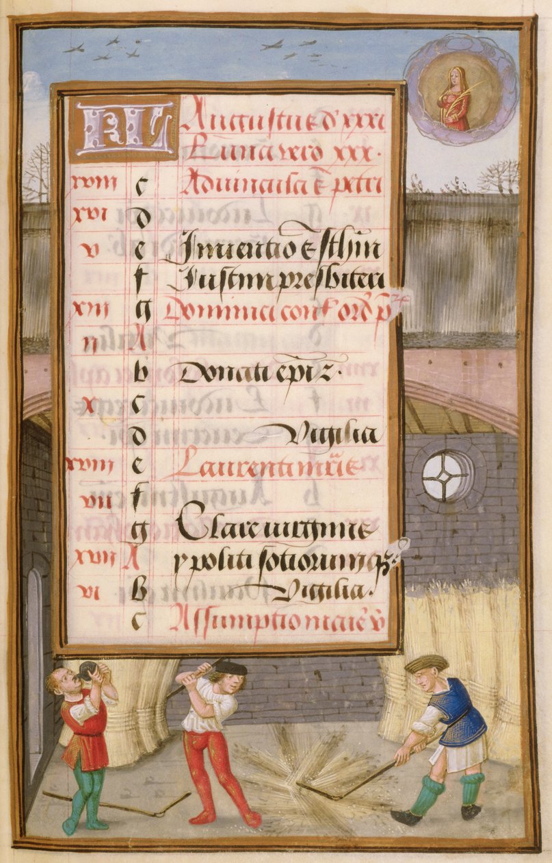 Ms 1058-1975 f8r Ahırda Mısır Harmanı, Ağustos ayı için aydınlatılmış takvim sayfası, Saatler Kitabından, c.1500 by Flemish School