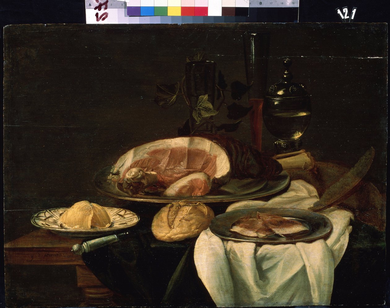 "Natürmort" (Natürmort) Jambon, ekmek ve tereyağı. Hollandalı okul boyama. 1650 Mikhail Kroshitsky Sanat Müzesi, Sivastopol (Sivastopol) Ukrayna by Flemish School