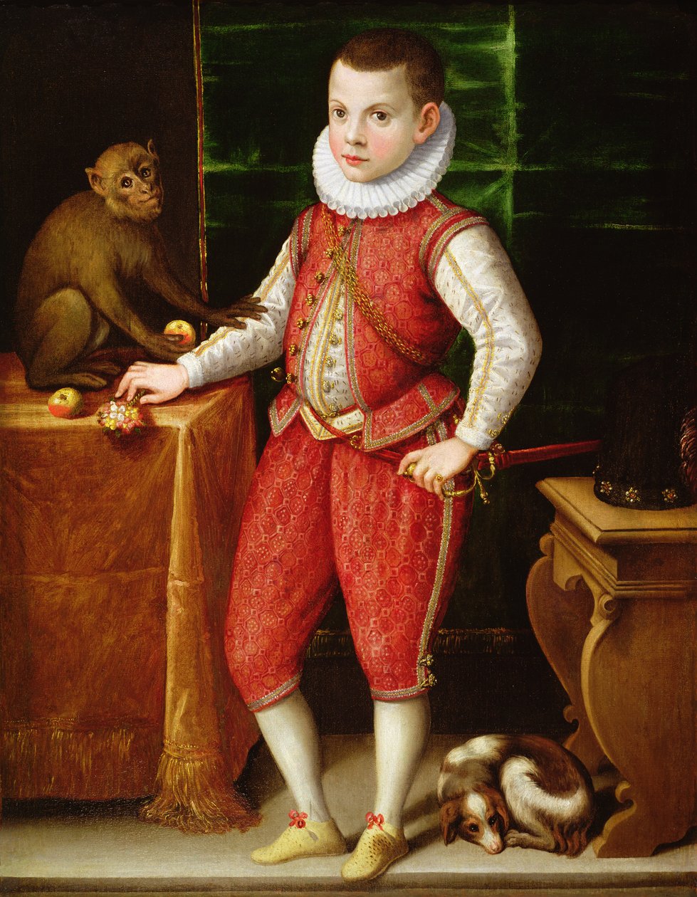 Maymunlu ve Köpekli Genç Bir Asilzade Portresi, c.1615 by Flemish School