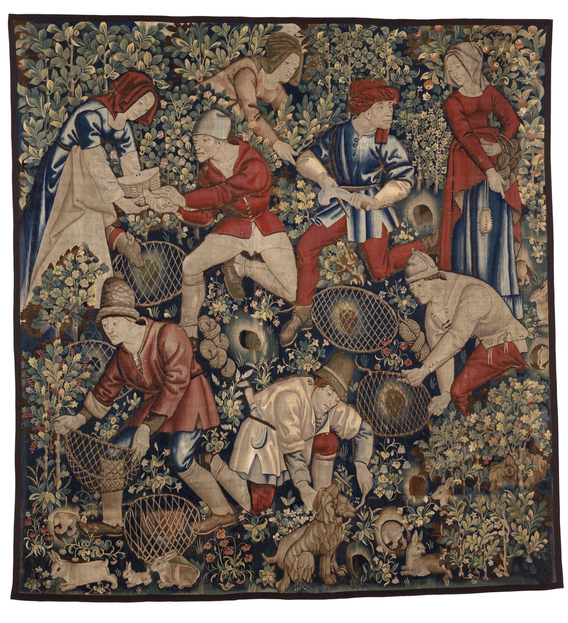 Gelinciklerle tavşan avlayan köylüleri tasvir eden goblen, Tournai, 1450-75 dolayları (yün) by Flemish School