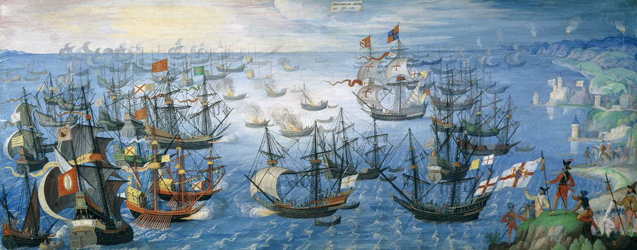 İngiliz ateş gemilerinin Calais açıklarında Kraliçe I. Elizabeth (1533-1603) ile at sırtında 7 Ağustos 1588 gecesi, 1605 dolaylarında İspanyol filosunda denize indirilmesi by Flemish School