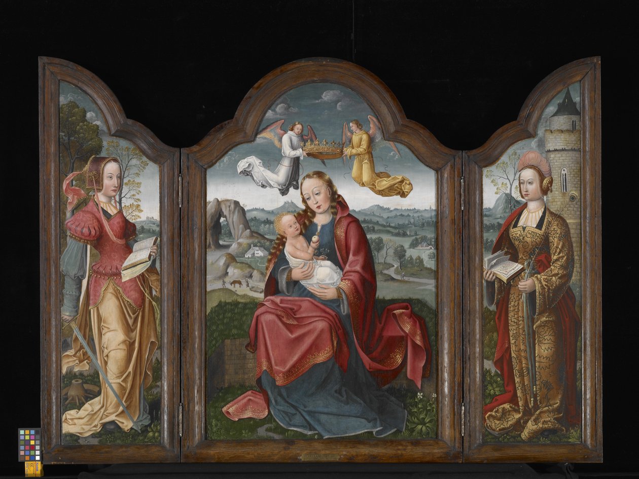 Bakire ve Çocuk, Aziz Barbara ve Aziz Catherine ile Üç Parçalı (ahşap üzerine yağlıboya) by Flemish School