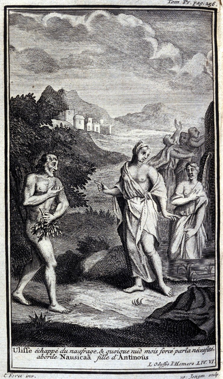 Ulysses gemi enkazından kaçar ve çıplak olmasına rağmen zorunlu olarak Antinous