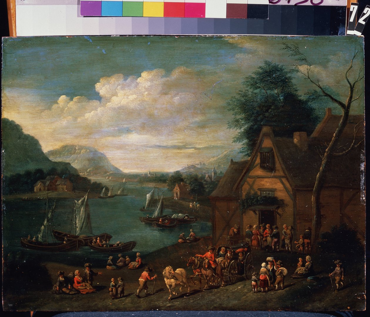 Deniz kıyısında bir taverna. Flaman bir ustanın tablosu, ahşap üzerine yağlı boya, 30 x 35 cm. 16.-18. yüzyıl Flaman okulu. Devlet Müzesi Arkhangelskoye Malikanesi, Moskova. by Flemish School