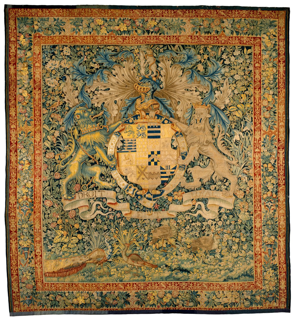 Leicester Kontu Robert Dudley#39;nin Kollarını Taşıyan Yeşil Goblen, 1570-1585 civarı (yün, ipek) by Flemish School