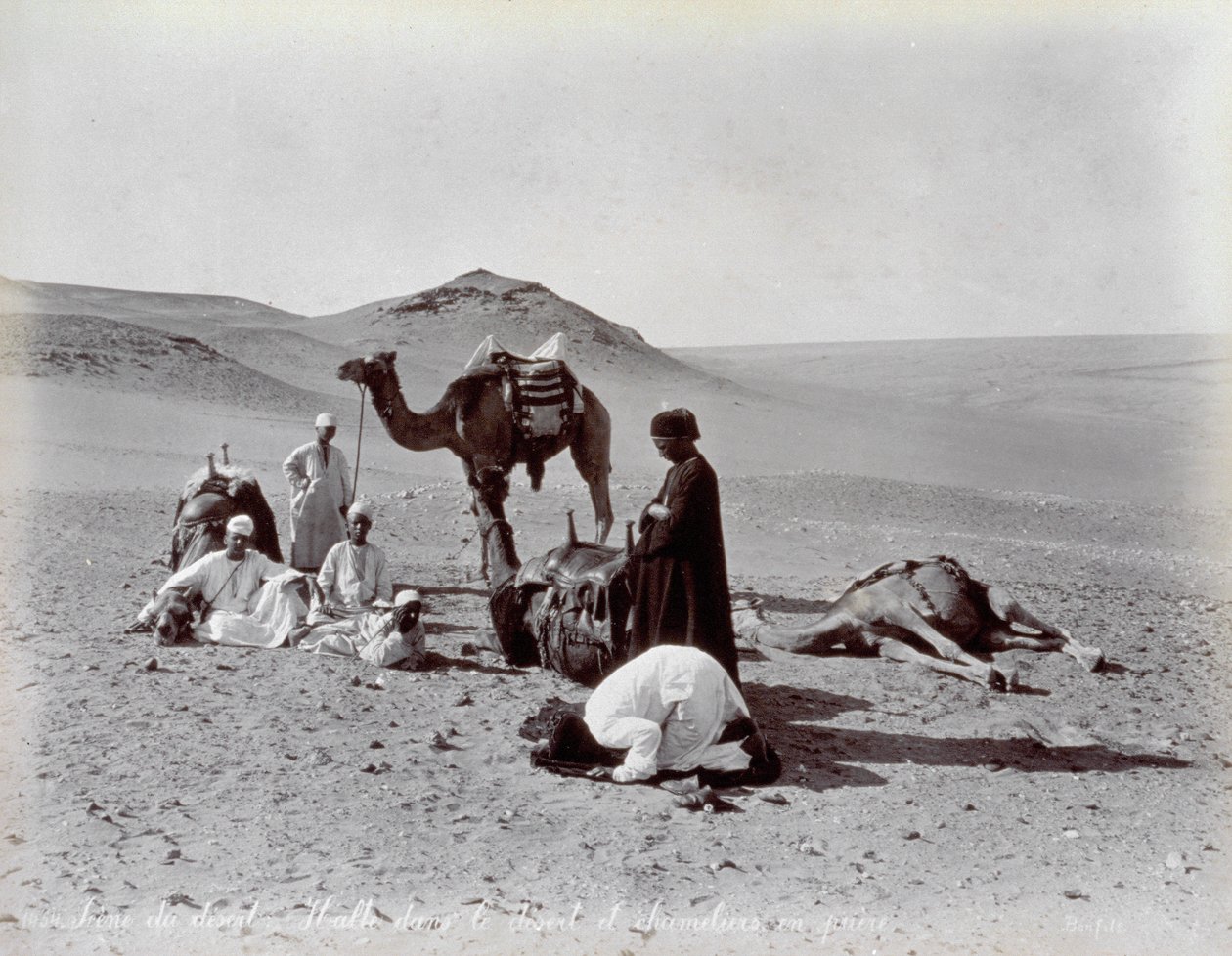 Çölde bir duraklama sırasında Mısırlı deveciler. Ön planda, küçük grubun iki üyesi dua ediyor gibi görünüyor. by Félix Bonfils