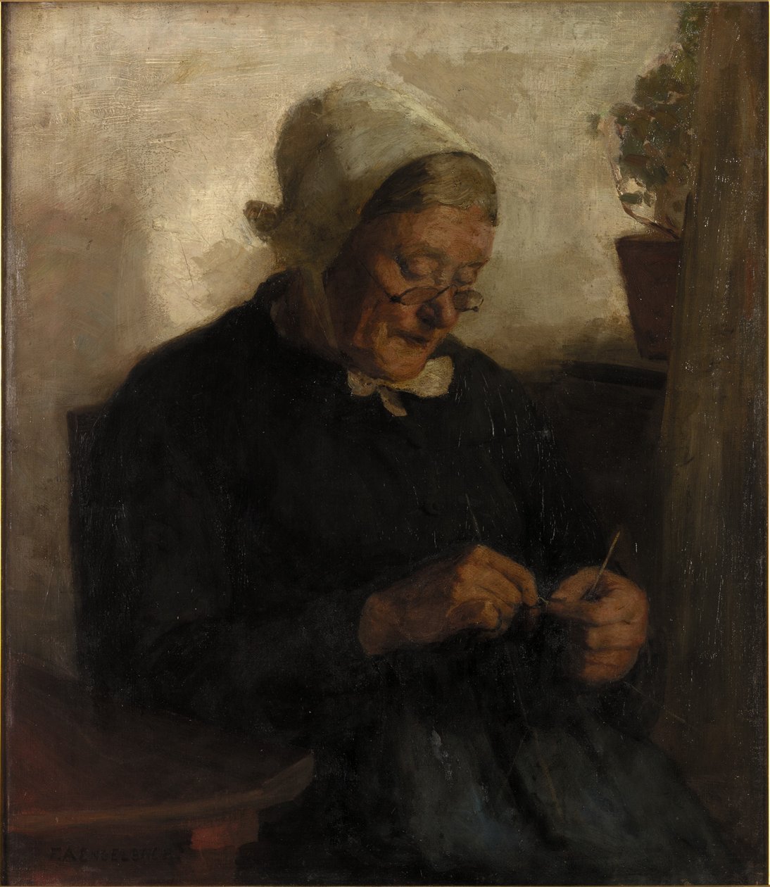 Yaşlı Kadın Örgüsü (tuval üzerine yağlı boya) by Florence Engelbach