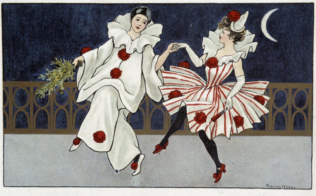 Pierrot ve Colombine ay ışığında dans ediyor - tatlı. Yazan: Florence Hardy, deb. 20. yüzyıl by Florence Hardy