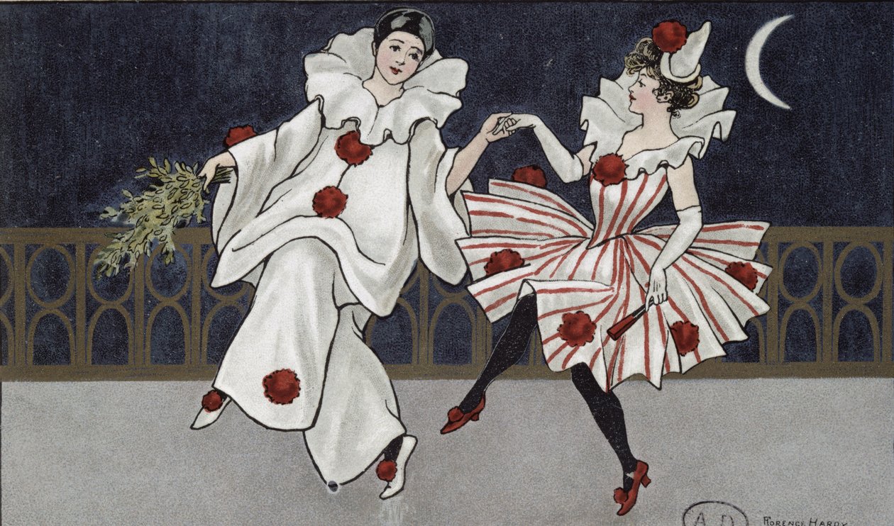 Pierrot ve arkadaşını tasvir eden kartpostal, c.1900 by Florence Hardy