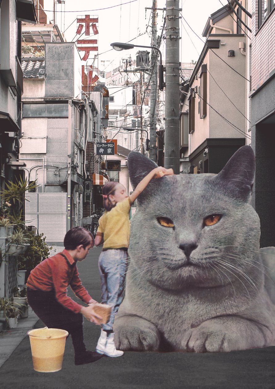 Tokyo Sokaklarında dev bir kediyi yıkayan çocuklar by Florent Bodart