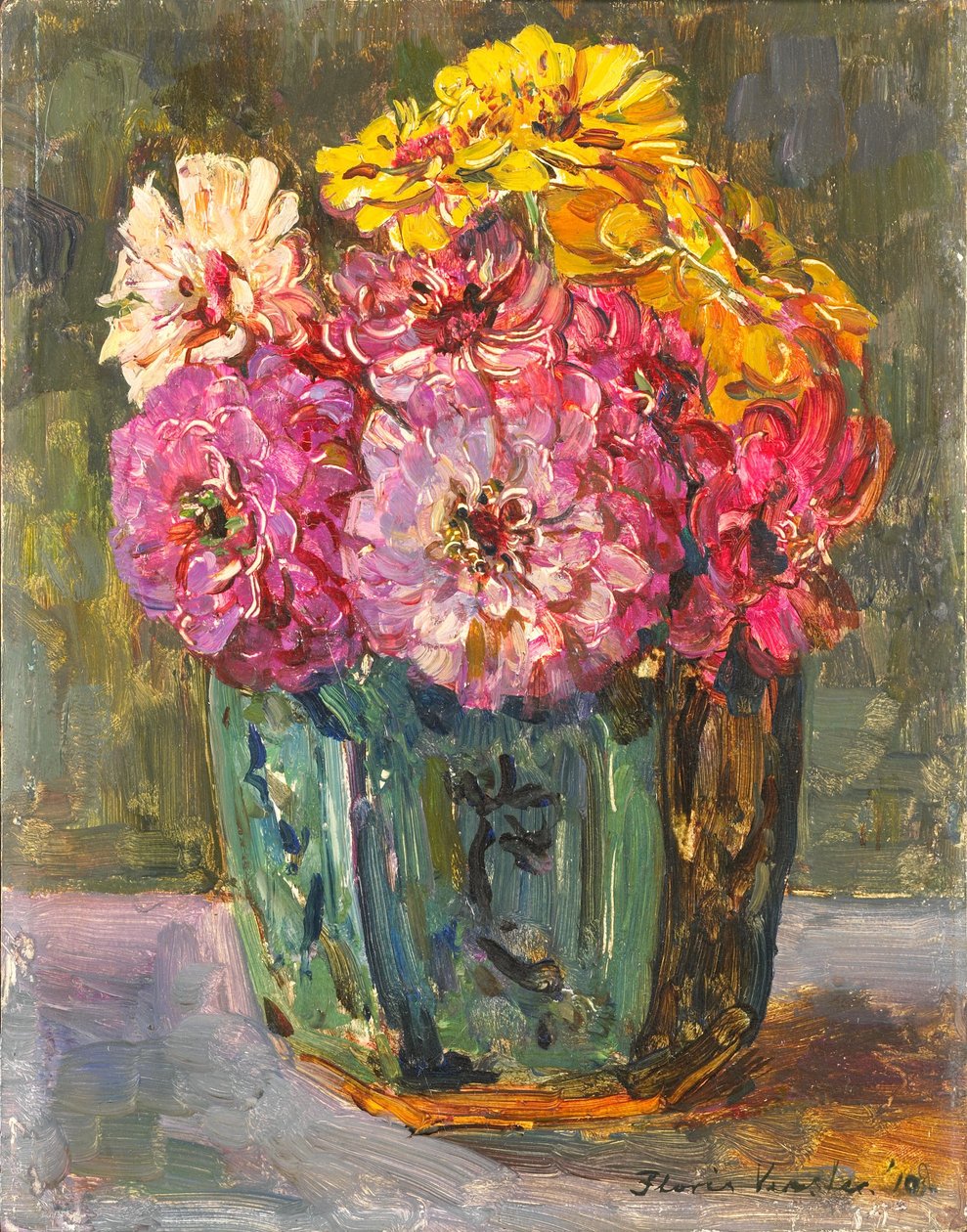 Zencefil tencerede zinnias ile Natürmort. by Floris Verster