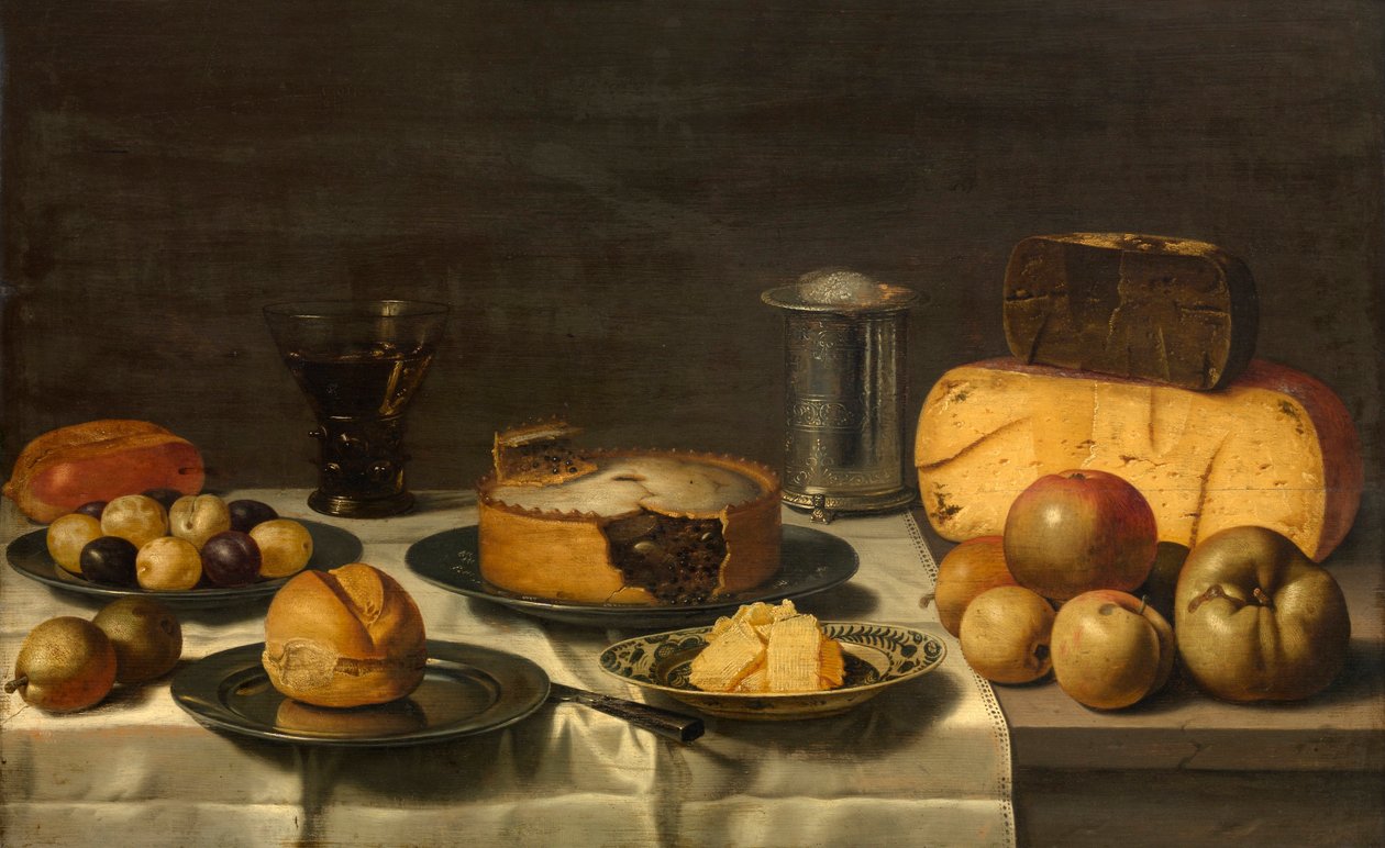 ""Petit dejeuner (petit-dejeuner) hollandais"" (Hollanda kahvaltısı) Peynir, turta, meyve, ekmekten natürmort Boyama Floris van Schooten (yaklaşık 1590-1655 sonrası), - Ahşap üzerine yağlıboya Dim 50x82 cm Royal Museum of Fine Sanat, An by Floris Gerritsz van Schooten