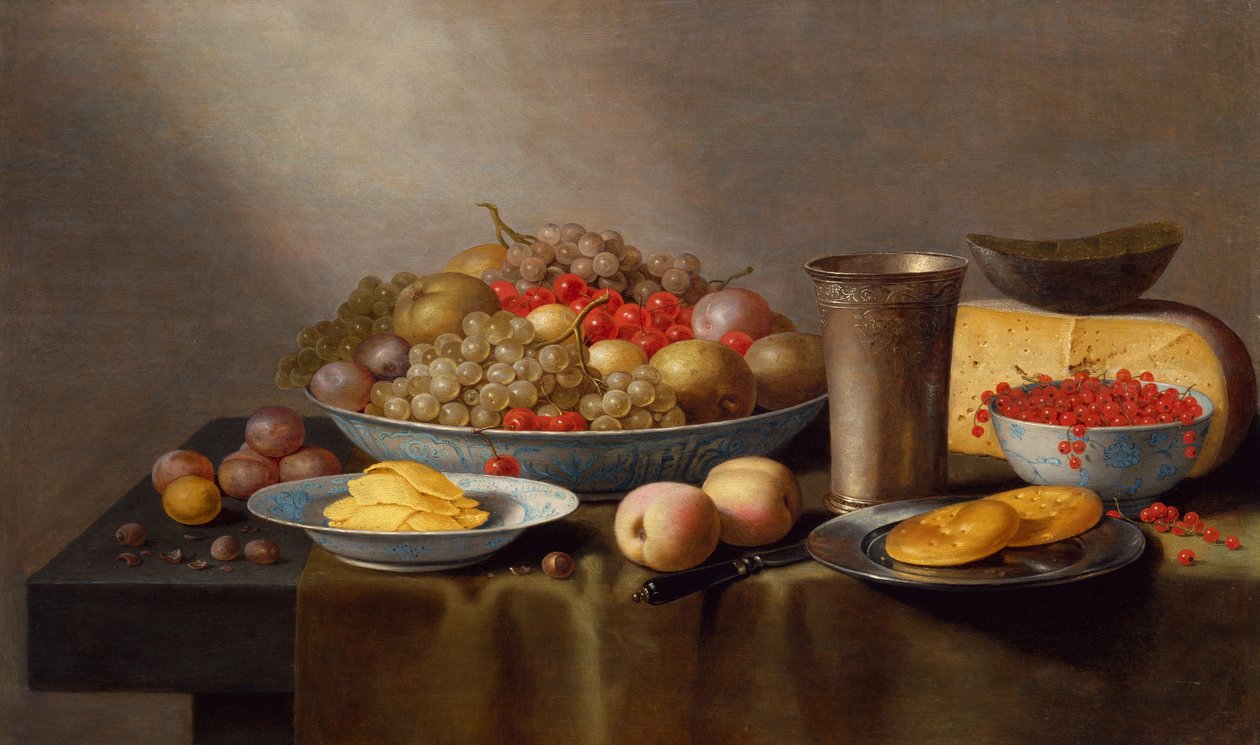 Meyveli, Peynirli, Ekmekli ve Kadehli Natürmort (panelde yağlı boya) by Floris Gerritsz van Schooten