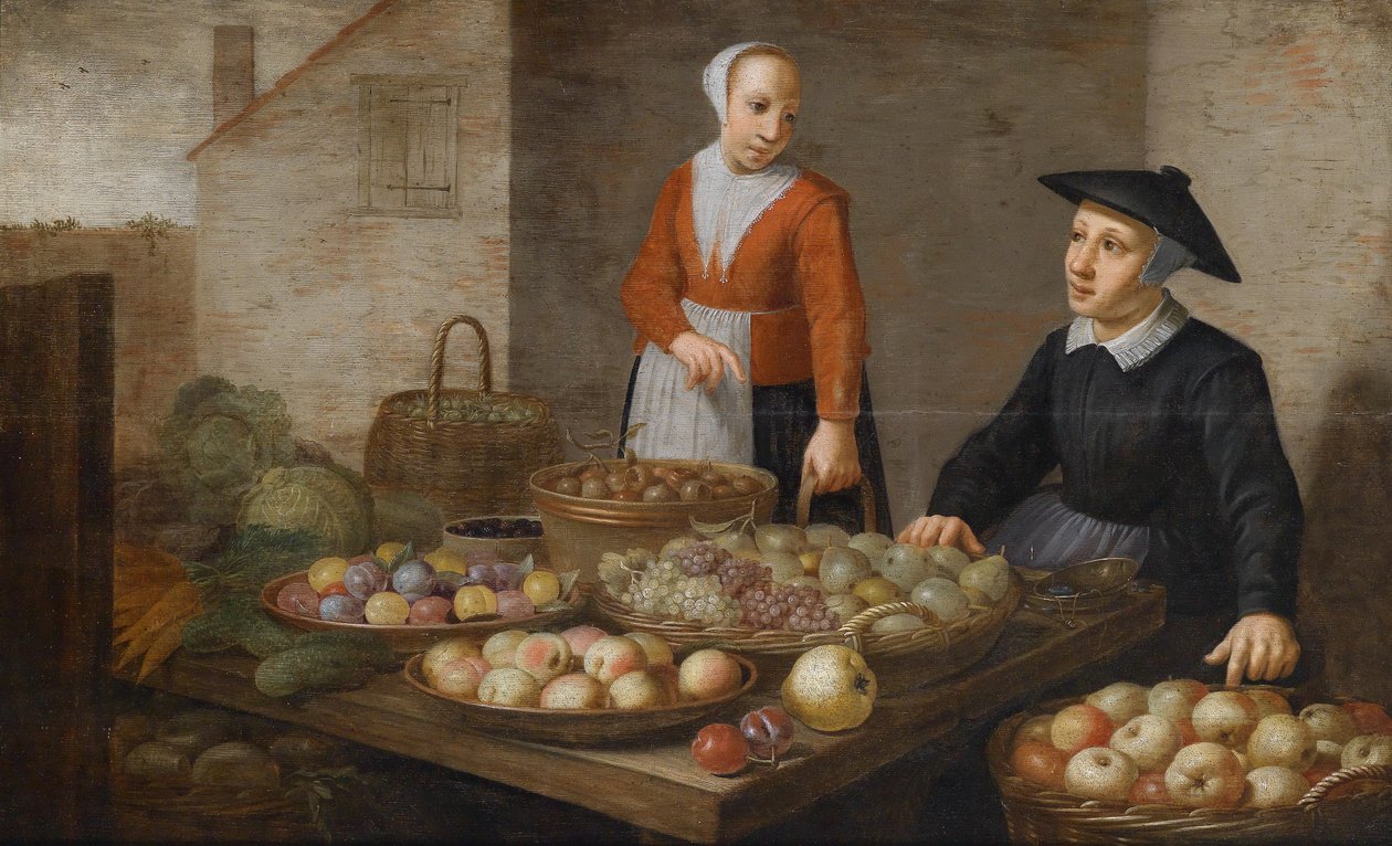 Meyve ve sebze satıcılarının iki kadın ile pazar sahnesi by Follower of Floris van Schooten
