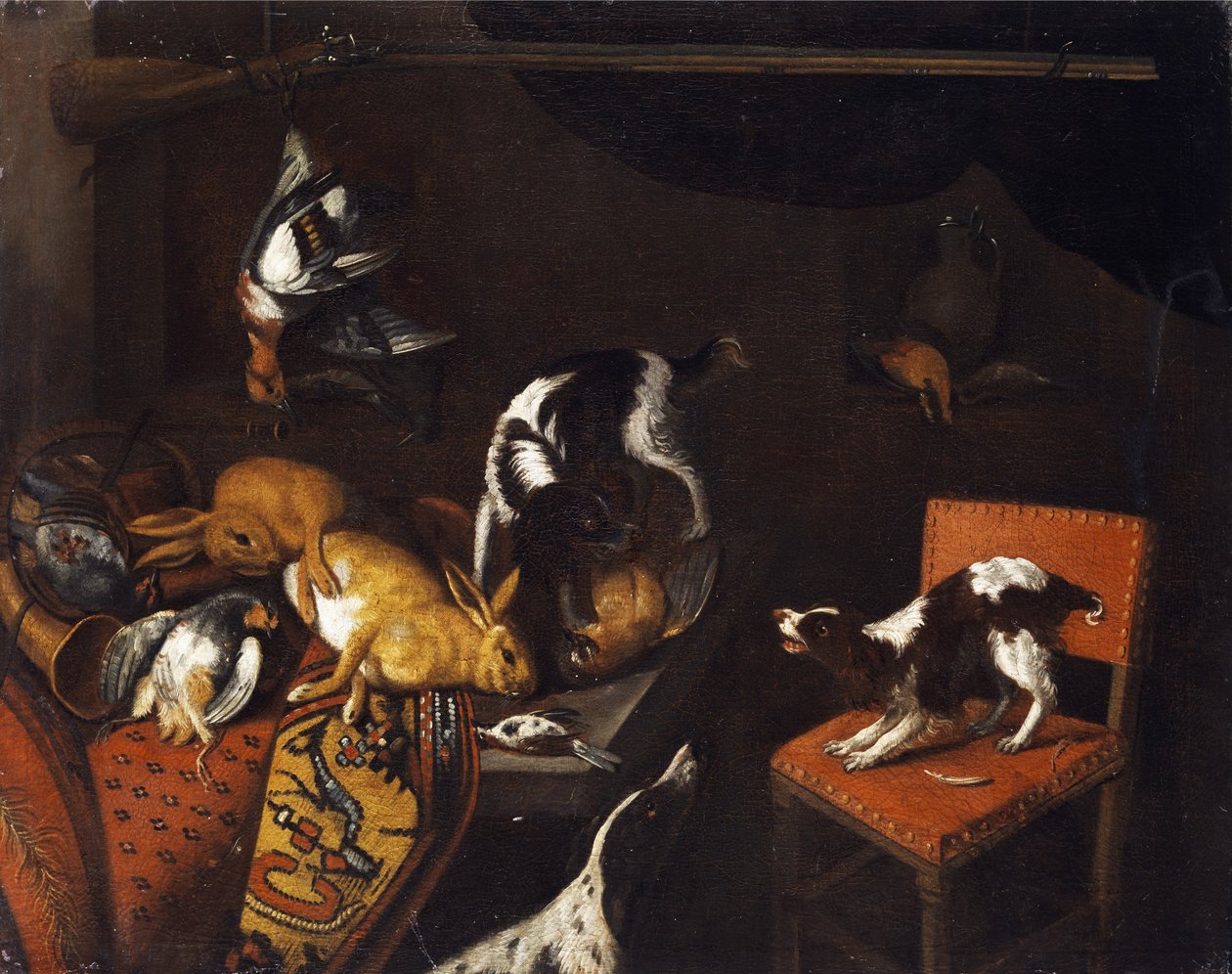 Ölü tavşan ve kuşlar, koltuk, tazı, av silahı ile natürmort by Follower of Frans Snyders