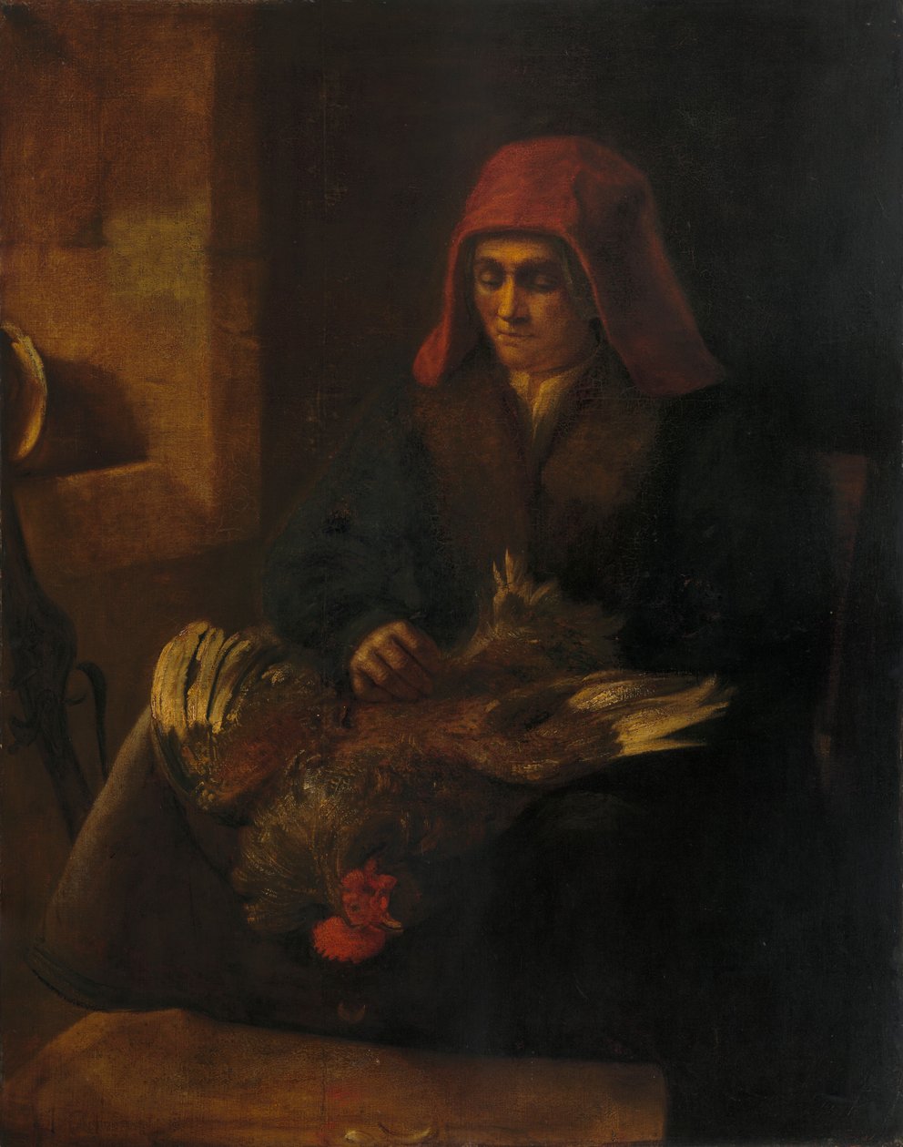 yaşlı kadın, bir kümes hayvanı yolma by Follower of Rembrandt van Rijn