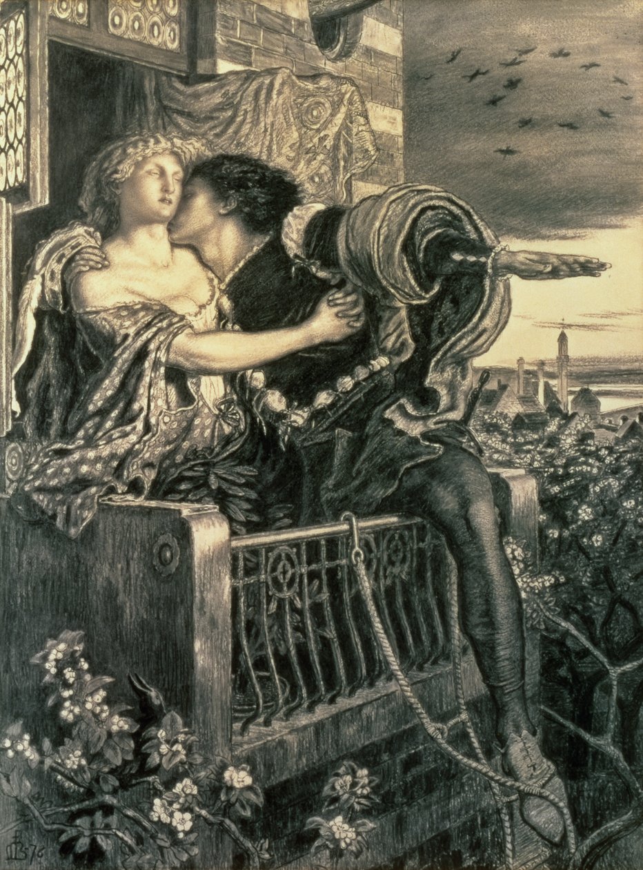Romeo ve Juliet, 1876 (kalem ve mürekkep ve siyah tebeşir) by Ford Madox Brown