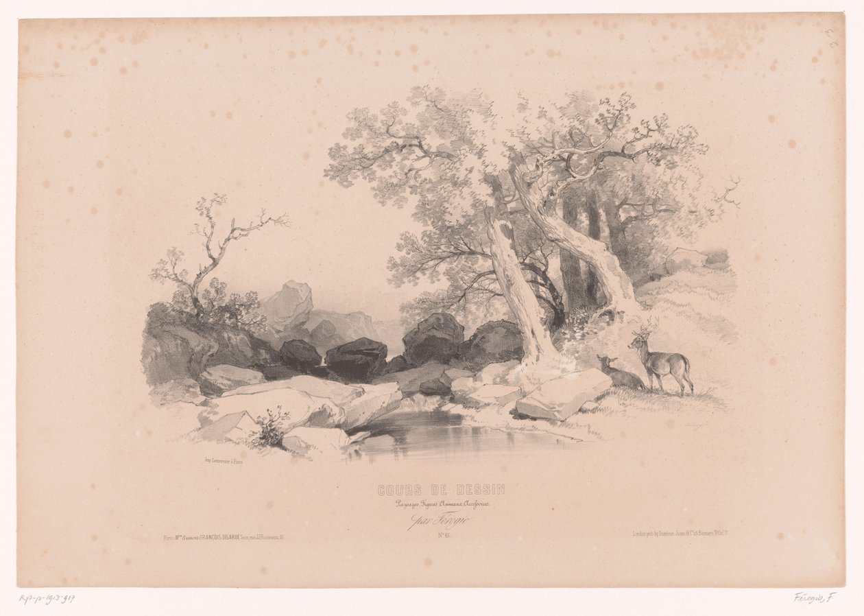Su ve iki geyik ile kaya manzara Peyzaj, hayvan ve detay çalışmaları içeren çizim kursu (seri başlığı) Tasarım kursu. Paysages, rakamlar, animaux, aksesuarlar, par Férogio (nesne üzerinde seri başlığı) by Fortuné Ferogio