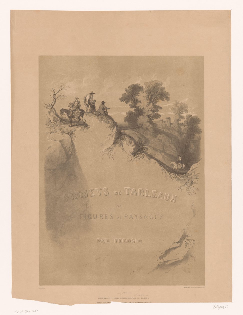 Kaya manzarası ve bir vadi boyunca gezginlerle birlikte başlık baskısı Férogio'nun peyzaj ve figür çalışmaları (seri başlığı) Projets de tableaux de Figures et paysages, par Férogio (nesne üzerinde dizi başlığı) by Fortuné Ferogio