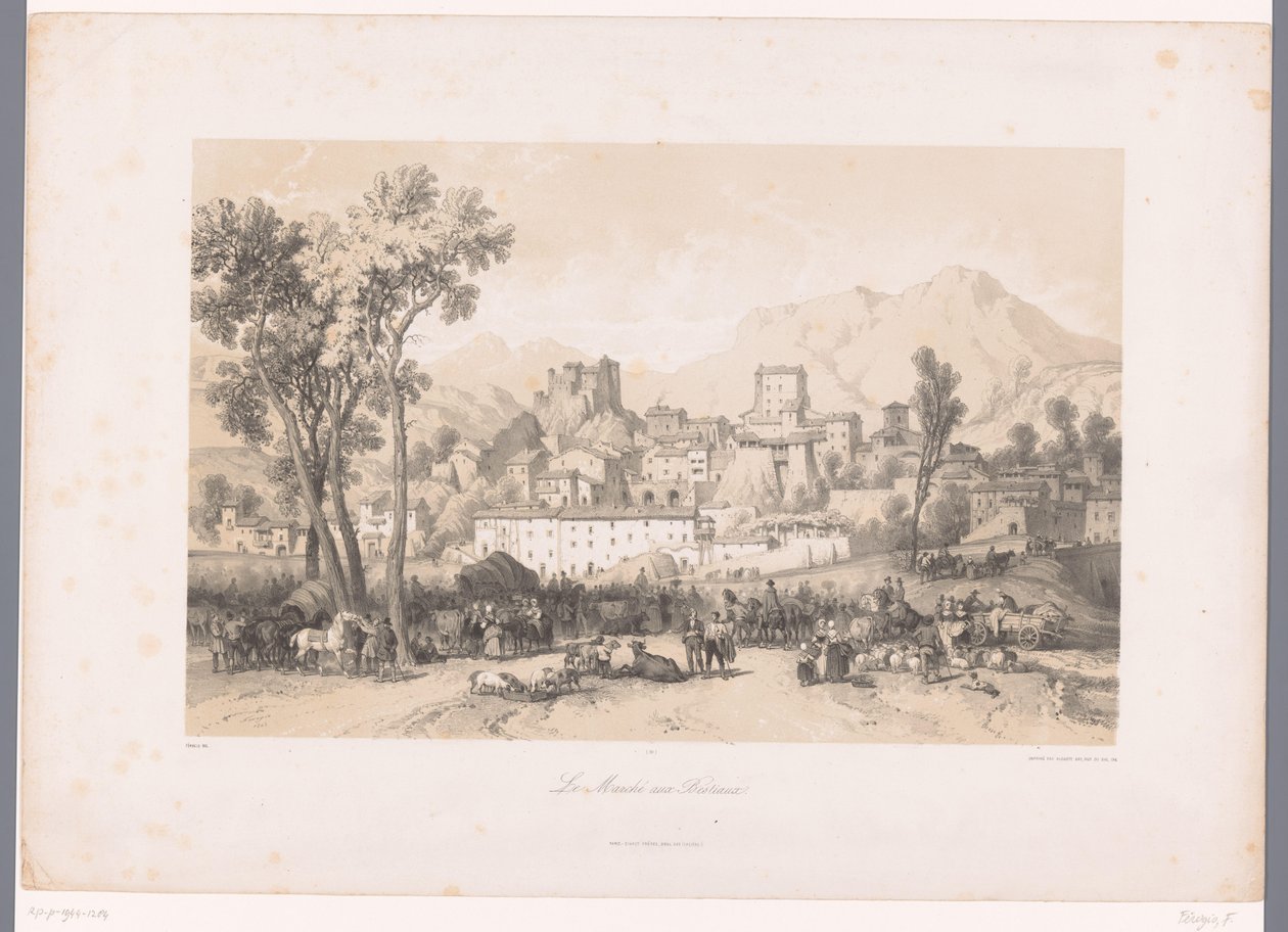 Bir vadide sığır pazarı olan bir köyün görünümü Le Marché aux Bestiaux (nesnedeki başlık) by Fortuné Ferogio
