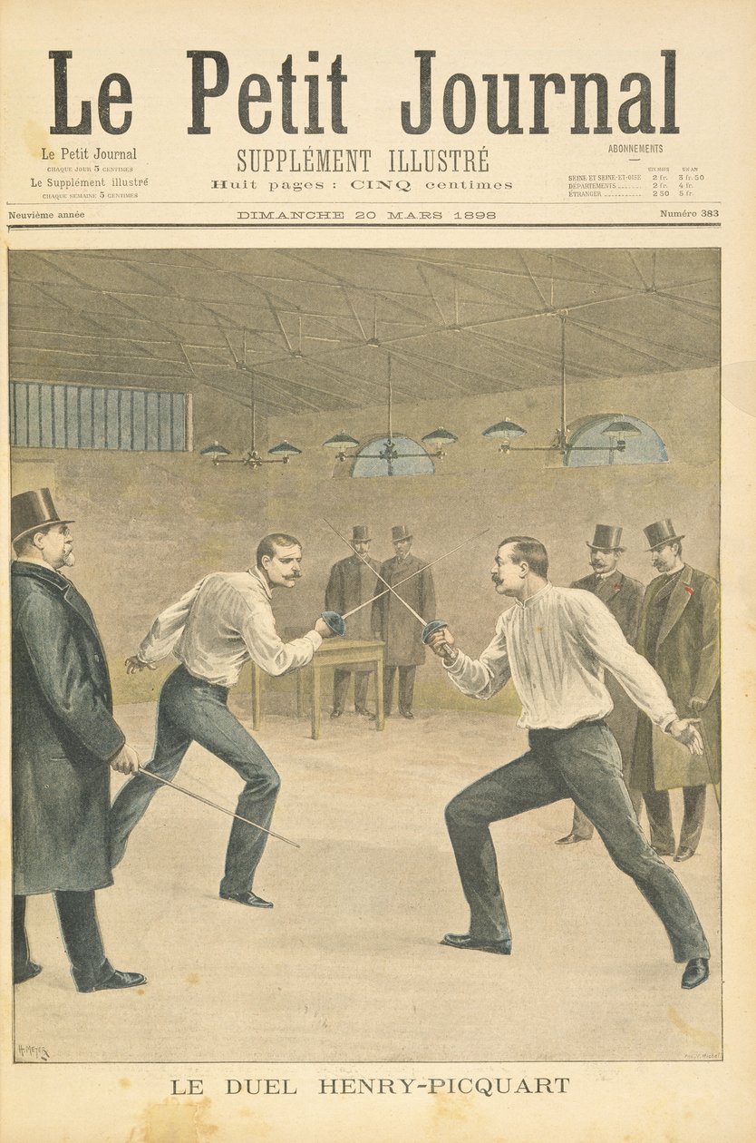 Dreyfus olayı sırasındaki Henry-Picquart düellosunu, karşıt subayları tasvir eden başlık sayfası, Le Petit Journal