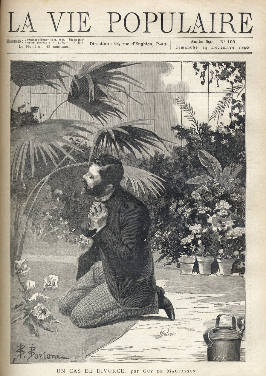 Çaresiz bir adam bir serada dizlerinin üzerinde dua ediyor. Guy de Maupassant (1850-1893) tarafından “Bir boşanma davası” için B. Borione