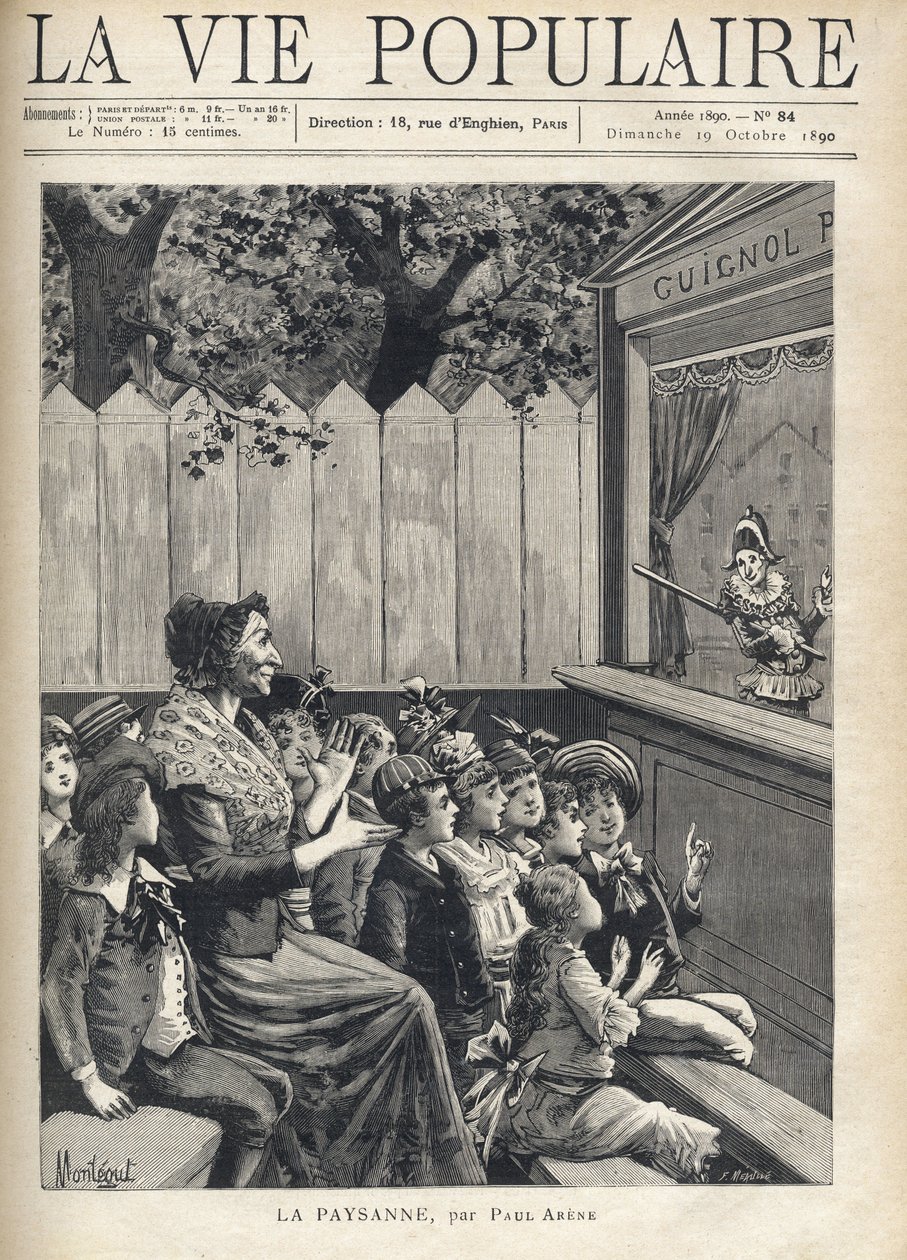 Bir grup çocuğun ortasında bir kadın, bir kukla gösterisini (Guignol) alkışlıyor. Paul Arene (1843-1896) tarafından “Köylü” için Montegut tarafından Fortune Meaulle çizimi. “La vie populaire”de gravür” by Fortune Louis Meaulle