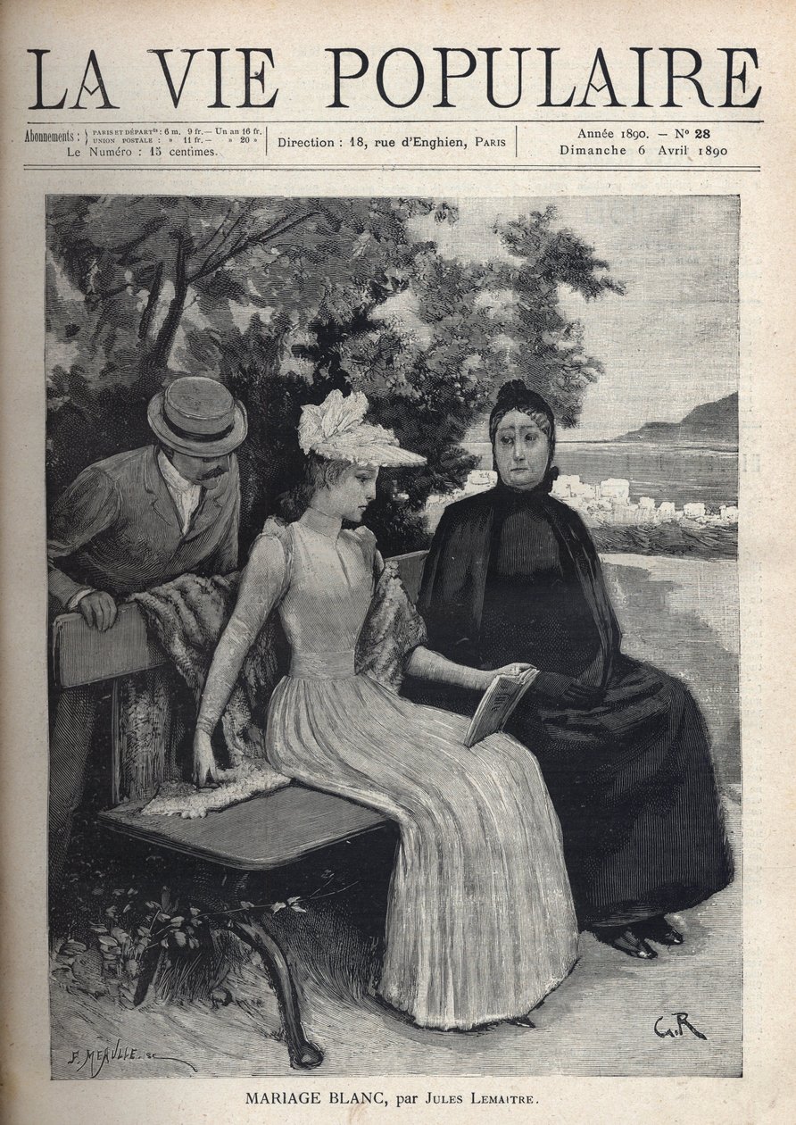 Beyaz giyen, elinde açık bir kitap tutan, siyah giyen, üzgün yüzlü, siyah giyen, Akdeniz kıyısında bir manzaranın önünde bir bankta oturan genç bir kadın. Arkalarında bir adam genç kadının omzuna eğiliyor. W için İllüstrasyon by Fortune Louis Meaulle