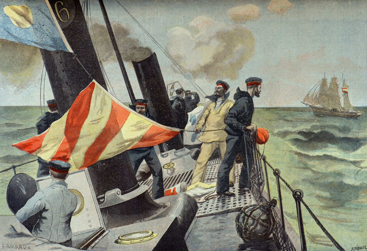 Bir İspanyol ticaret gemisinin ele geçirilmesi, 1898 İspanyol-Amerikan savaşı (Gravür) by Fortune Louis Meaulle