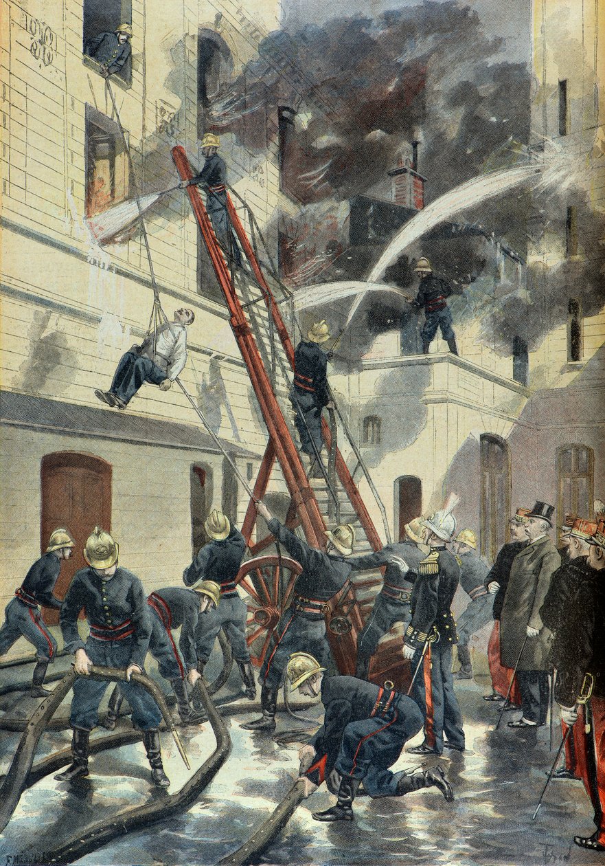 Felix Faure 1898 yılında Paris itfaiyesinin eğitimine katılıyor (Gravür) by Fortune Louis Meaulle