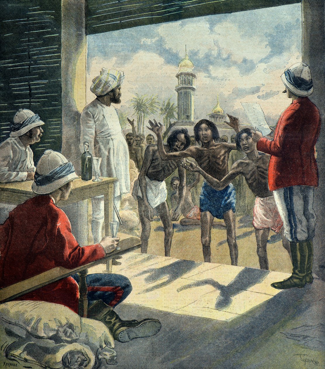 Hindular 1896 - 1897 yıllarındaki büyük kıtlık sırasında yardım için İngilizlere geliyor (Gravür) by Fortune Louis Meaulle