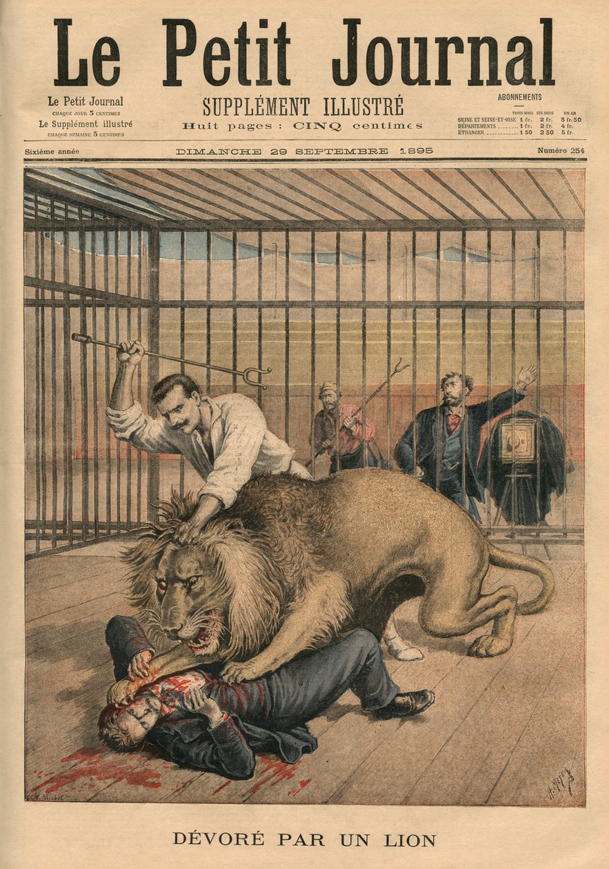 Being devoured by a lion, front cover illustration from 