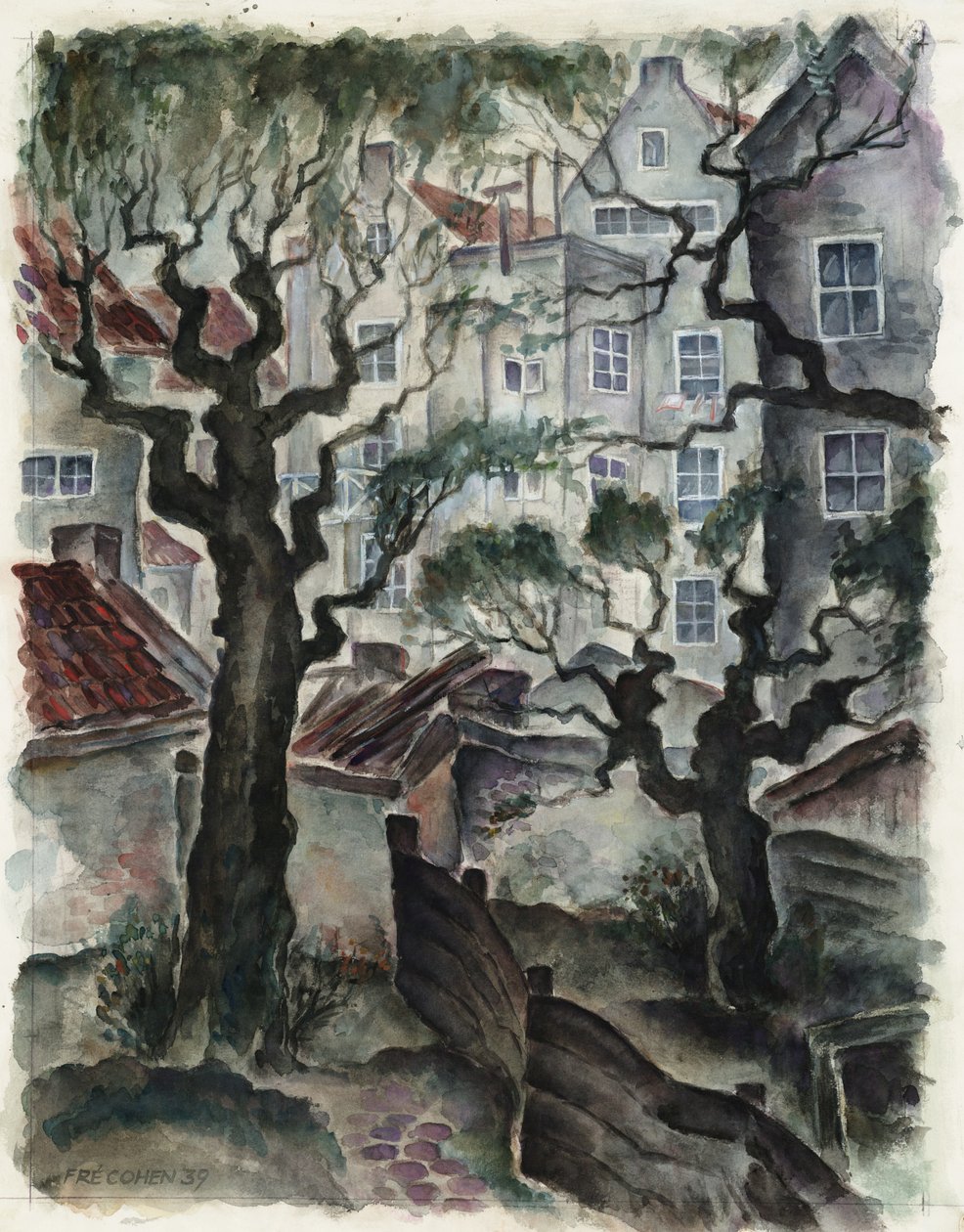 Fré Cohen, 1939 Nieuwe Herengracht çizimi Evlerin arkası by Fré Cohen