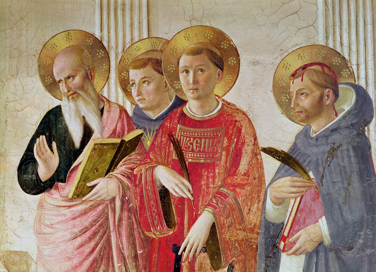 Gölgeli Madonna, birinci kat koridorundan Aziz John the Evangelist, Thomas Aquinas, Lawrence ve Peter Martyr