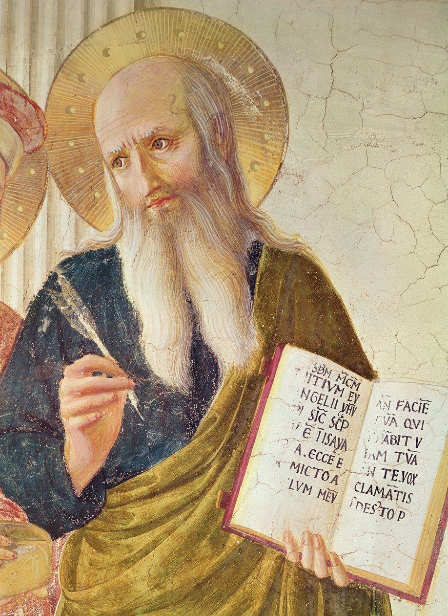 Aziz Dominic, Cosmas, Damien, Mark, John the Evangelist, Thomas of Aquinas, Laurence ve Pierre şehit arasında Gölge veya Bakire ve Çocuk Madonna Saint Mark fr soldan sağa detay by Fra Angelico