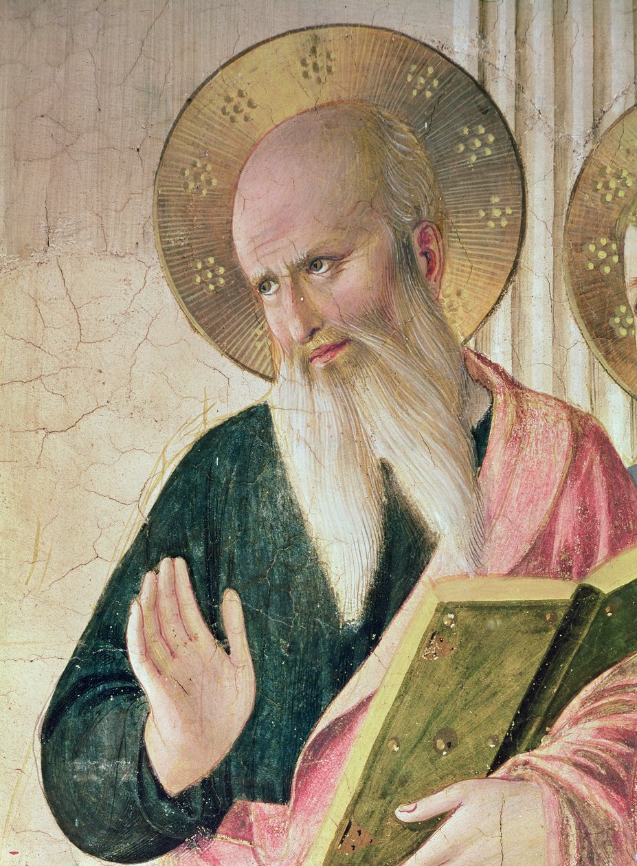 Aziz Dominic, Cosmas, Damien, Mark, John the Evangelist, Thomas of Aquinas, Laurence ve Pierre arasında Gölge veya Bakire ve Çocuk Madonna Aziz John th detay soldan sağa by Fra Angelico