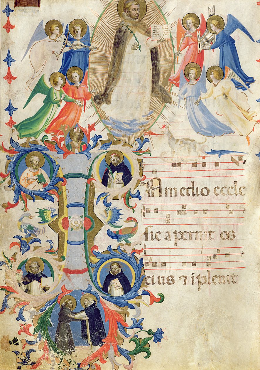 Ms 558 f.67v San Marco e Cenacoli'den kademeli bir kitaptan St. Dominic'i ve tarihi bir ilk 'I'yi tasvir eden sayfa (ayrıntılar için bkz. 88937) by Fra Angelico