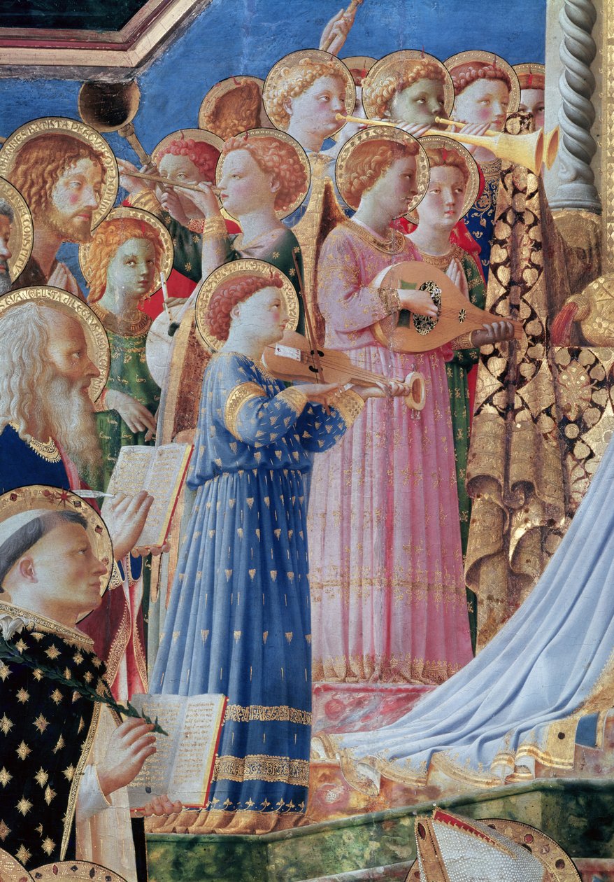 Bakirenin taç giyme töreni, sol taraftan müzikal meleklerin detayı, c.1430-32 (60319 detayı) by Fra Angelico