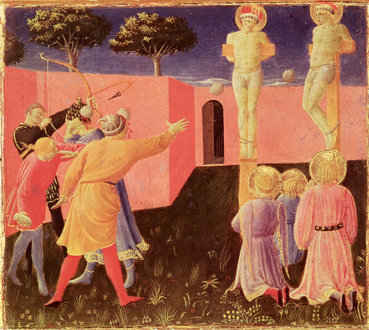 The Crucifixion and Stoning of SS. Cosmas and Damian, predella from the Annalena Altarpiece, 1434 (tempera on panel) by Fra Angelico