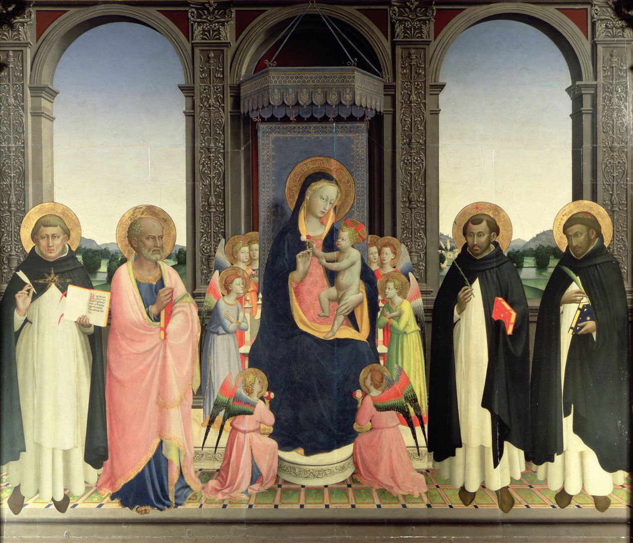 Melekler ve St. Thomas Aquinas, St. Barnabas, St. Dominic ve St. Peter Martyr ile enthroned Virgin and Child, c.1422 (panelde mizaç) (bkz. 238446 ve 43913) by Fra Angelico
