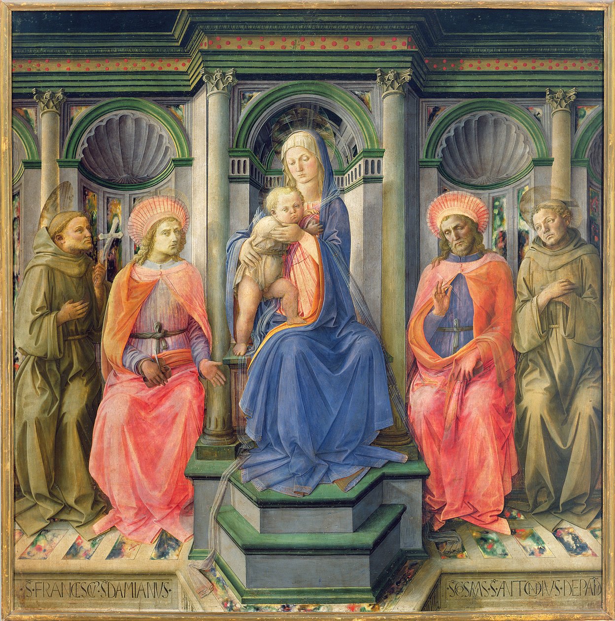Madonna ve Çocuk SS ile Enthroned. Francis, Cosmas, Damian ve Anthony of Padua, c.1442-45 (panelde tempera) (predella panelleri için bkz. 85691-93) by Fra Filippo Lippi